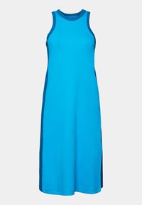 Robe midi bleue sans manches avec des panneaux latéraux bleu plus foncé et un col rond sur un fond uni gris clair.
