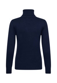 Pull à col roulé bleu marine à manches longues avec col, poignets et ourlet côtelés, vu de dos sur fond blanc.