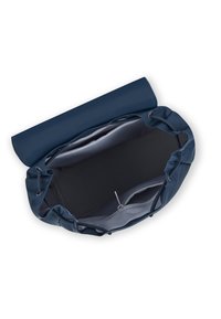 Sac à cordon bleu marine ouvert avec intérieur gris, montrant une poche zippée et une section rembourrée à l'intérieur.