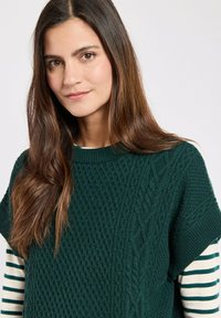 Vrouw met lang bruin haar, die een donkergroen kabelgebreid vest draagt over een wit en groen gestreept shirt met lange mouwen, tegen een effen achtergrond.
