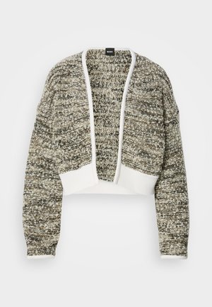 Cardigan raccourci en tricot texturé avec un mélange de tons beiges et bruns. Présente des poignets côtelés blancs et un design à l'avant ouvert.