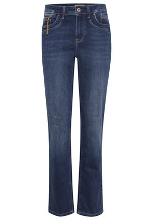 Tamsiai mėlyni džinsai su tiesiomis kojomis, turintys priekinės kišenes, užtrauktuką ir kontrastingus siuvimo detalės.