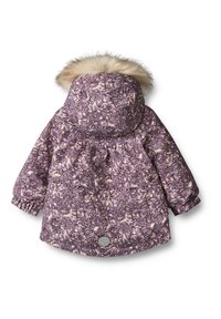 Lila Parka mit floralem Muster und Kunstfellbesatz an der Kapuze, elastischen Bündchen und Logodetail am Saum. Isoliert für Wärme und Komfort.