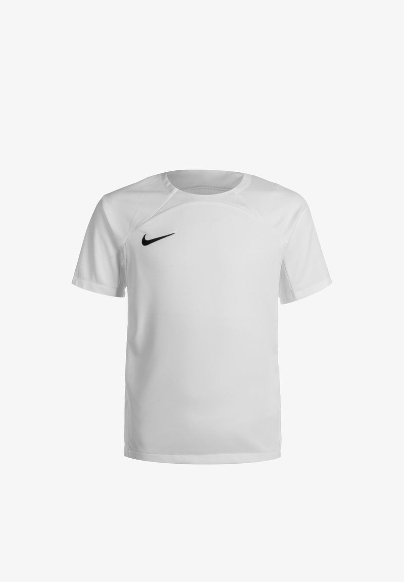 Witte Nike t-shirt met ronde hals, korte mouwen en zwart logo op de borst, gemaakt van lichtgewicht, ademende stof.