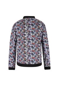 Grafische zip-up jack met een kleurrijk, ingewikkeld patroon van draken en abstracte vormen op een lichte achtergrond; zwarte accenten.