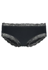 Perizoma nero realizzato in morbido tessuto, caratterizzato da un delicato bordo in pizzo nero in vita e alle aperture delle gambe, con bordi ondulati.