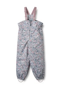 Overalls met bloemmotief in lichtgrijs met roze en blauwe accenten. Elastische boorden en verstelbare bandjes voor een veilige pasvorm.