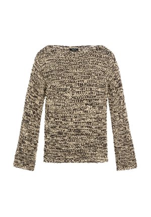 Maglione beige e nero lavorato a maglia con motivo ampio e testurizzato, maniche lunghe e ampia scollatura rotonda, esposto su sfondo bianco.