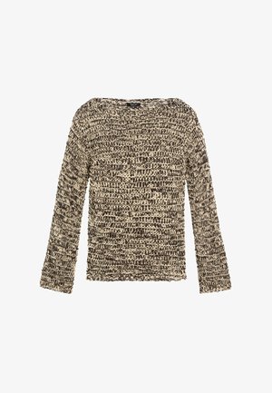 Maglione beige e nero lavorato a maglia con motivo ampio e testurizzato, maniche lunghe e ampia scollatura rotonda, esposto su sfondo bianco.
