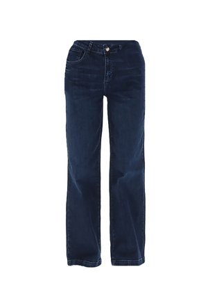 Jeans in denim blu scuro con design a gamba dritta, tasche anteriori, chiusura con bottone e dettagli di cucitura minimi.