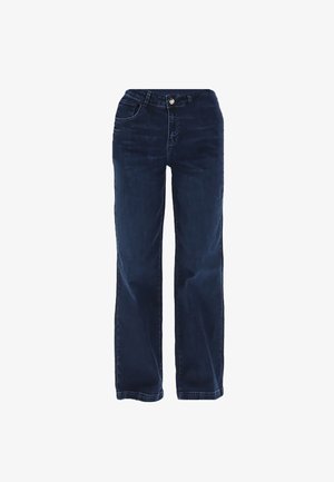 Jeans in denim blu scuro con design a gamba dritta, tasche anteriori, chiusura con bottone e dettagli di cucitura minimi.