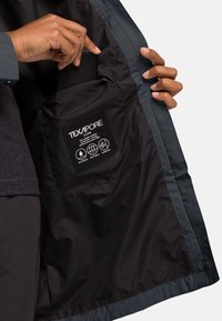 Giacca impermeabile di colore scuro, con una tasca interna nera etichettata "TEXAPORE CORE" e una texture liscia.