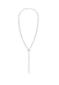 Sølvfarvet metalhalskæde med forlængede led, en vandret stanglås og en dråbe-kæde med en cirkulær vedhængdetalje.