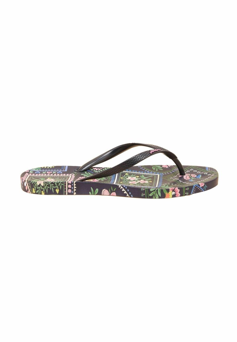 Flip-flop featuring a textured black strap and a multicolored floral pattern on the sole, set against a dark background.
