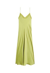 Sleeveless dress in light green fabric, featuring a V-neckline and A-line silhouette, with a smooth, soft texture and flowing design.