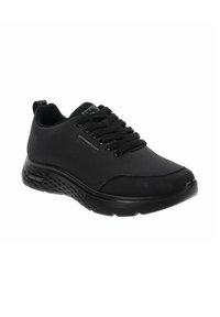 Zapatillas negras deportivas con parte superior de malla texturizada, puntera redonda y suela de goma lisa. Presenta un diseño de cordones y un cuello acolchado para mayor comodidad.