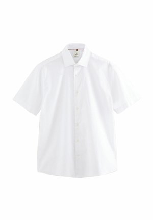 Valge lühikeste varrukatega särgikrae, ees kuus nööpi, tasapinnal valgel taustal laotatud.