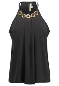 Top halter nero realizzato in un tessuto liscio, caratterizzato da un design drappeggiato e un colletto accentuato in oro e nero di forma arrotondata. Chiusura con zip sul retro.