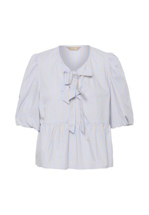 Bluza cu dungi verticale bleu deschis și bej, cu mâneci bufante și două funde legate la guler, talie adunată pentru o croială lejeră.