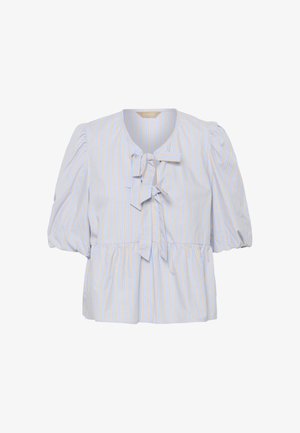 Light blue and beige vertical striped blouse with puff sleeves and two tied bows at the neckline, gathered waist for a loose fit.