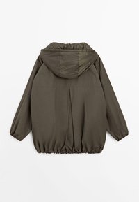 Veste à capuche vert olive à manches longues, poignets élastiqués et ourlet froncé vue de dos sur un fond blanc.