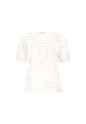 Weißes kurzärmeliges Hemd mit dünnen horizontalen beigen Streifen und rundem Ausschnitt, dargestellt auf weißem Hintergrund.