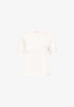 Weißes kurzärmeliges Hemd mit dünnen horizontalen beigen Streifen und rundem Ausschnitt, dargestellt auf weißem Hintergrund.