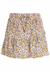 Gonna a stampa floreale con base rosa, adornata con fiori gialli, bianchi e grigi. Vita smock con cordino e orlo arricciato.