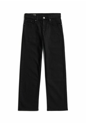 Zwarte jeans met rechte pijpen, voorste knoop- en ritssluiting, riemlussen en voor- en achterzakken, weergegeven op een witte achtergrond.
