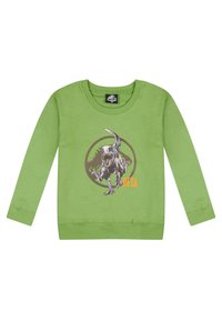 Groen sweatshirt met lange mouwen,Featuring een dinosaurusafbeelding en "BETA" tekst in oranje, met een ronde zwarte accent achter het ontwerp.
