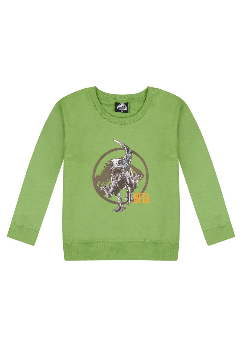 Groen sweatshirt met lange mouwen,Featuring een dinosaurusafbeelding en "BETA" tekst in oranje, met een ronde zwarte accent achter het ontwerp.