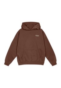 Sudadera marrón de mezcla de algodón, con un bolsillo canguro y capucha ajustable. Pequeño logo en la parte superior izquierda del pecho. Corte clásico.