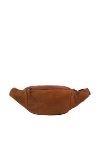 Marsupio in pelle marrone con design curvo, dotato di tasca con zip e superficie liscia. Dimensioni compatte e tracolla regolabile.