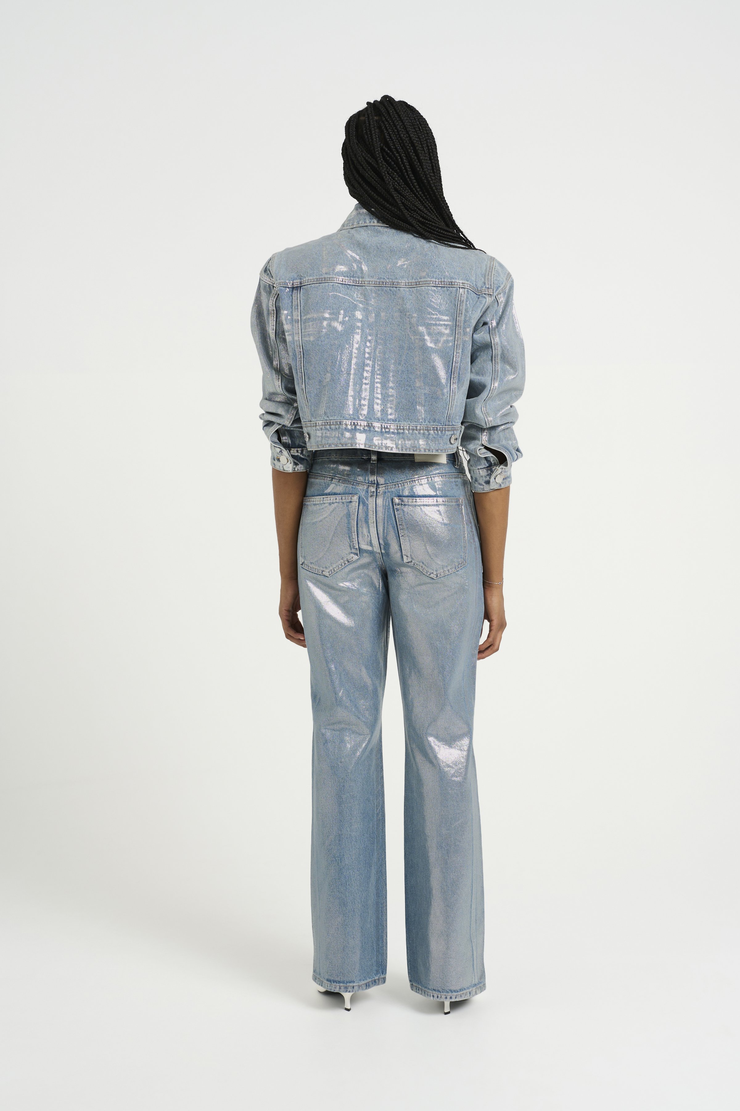 Gestuz COATY - Denim jacket - coated silver blue wash/metallic