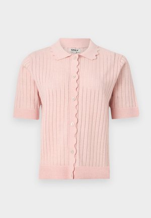 Hele heleroosa lühikeste varrukatega kudumist kardigan, millel on vertikaalsed avatud triibud, laineline nööpide plokk, krae ning soonilised varrukaotsad ja serv.