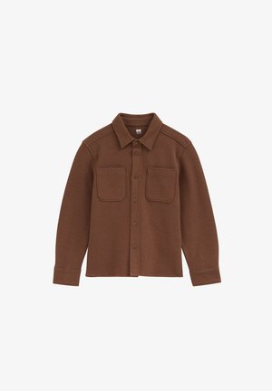 Braunes Langarmhemd mit Knöpfen, Kragen und zwei Brusttaschen, aus strukturiertem Stoff gefertigt.