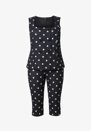 Schwarze ärmellose doppelt geknöpfte Weste und verkürzte Hose mit weißen Punkten, mit seitlichen Klappentaschen an der Weste.