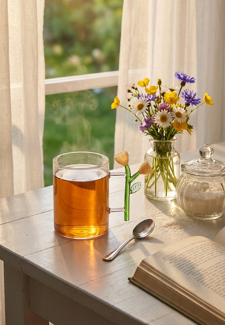 Parująca filiżanka herbaty z uchwytem w kształcie kwiatu na stole, obok łyżeczki, otwartej książki, słoika cukru i wazonu z dzikimi kwiatami przy oświetlonym słońcem oknie.