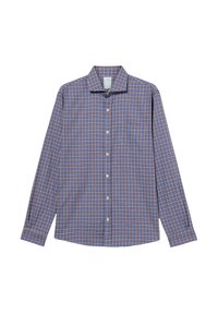 Camicia a maniche lunghe con bottoni di colore blu, con un motivo a scacchi arancione e bianco. Presenta un colletto classico e una tasca sul lato sinistro del petto.