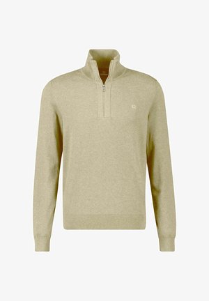 Lyst olivengrøn trøje med lynlås i halsen og lange ærmer, lavet af blødt stof, med ribbet kant og diskret logo broderi på brystet.