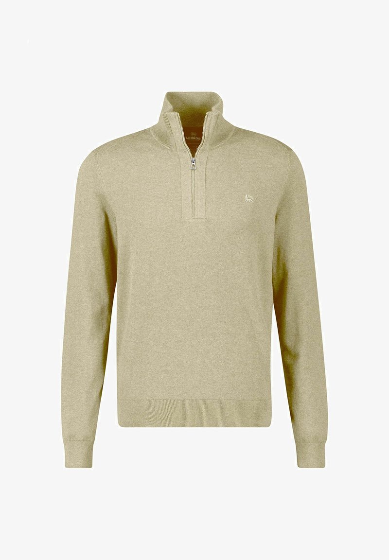 Sweter z zamkiem na szyi w kolorze jasnej oliwkowej zieleni, z długimi rękawami, wykonany z miękkiego materiału, z prążkowanym dołem i subtelnym haftem logo na piersi.