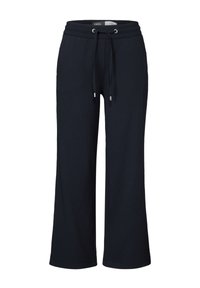 Pantalones de chándal azul marino con un tejido texturizado, cintura elástica y cordón ajustable. Presenta detalles de hardware en tono plateado.
