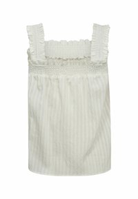 Top bianco senza maniche con spalline a ruffles, corpino arricciato e texture a righe verticali. Tessuto leggero, design casual.