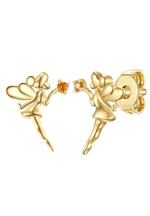 Orecchini a perni color oro con design di fate dai dettagli intricati, ognuna delle quali tiene un gemma rotonda arancione. Forma leggera e fantasiosa.