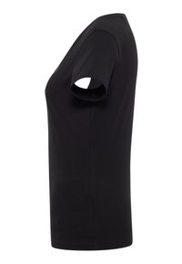 Čierne tričko s krátkym rukávom z bavlny, s klasickým okrúhlym výstrihom a rovný strih bez vzorov alebo ozdôb.