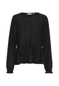 Black long-sleeve top with a peplum hem, featuring a textured pattern and gathered cuffs. Lightweight fabric with a round neckline.