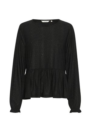 Čierny dlhý rukáv top s peplum spodným okrajom, ktorý má textúrovaný vzor a zhrnuté manžety. Ľahká tkanina s okrúhlym výstrihom.