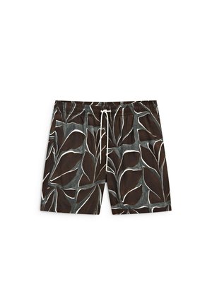 Braune Shorts mit großen abstrakten Blattmustern in Grau und Weiß, mit elastischem Bund und weißem Kordelzug vorne.