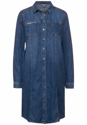Sukienka koszulowa z denimu w ciemnoniebieskim kolorze, z przodem na guziki, dwoma kieszeniami na piersiach, długimi rękawami i klasycznym kołnierzykiem.