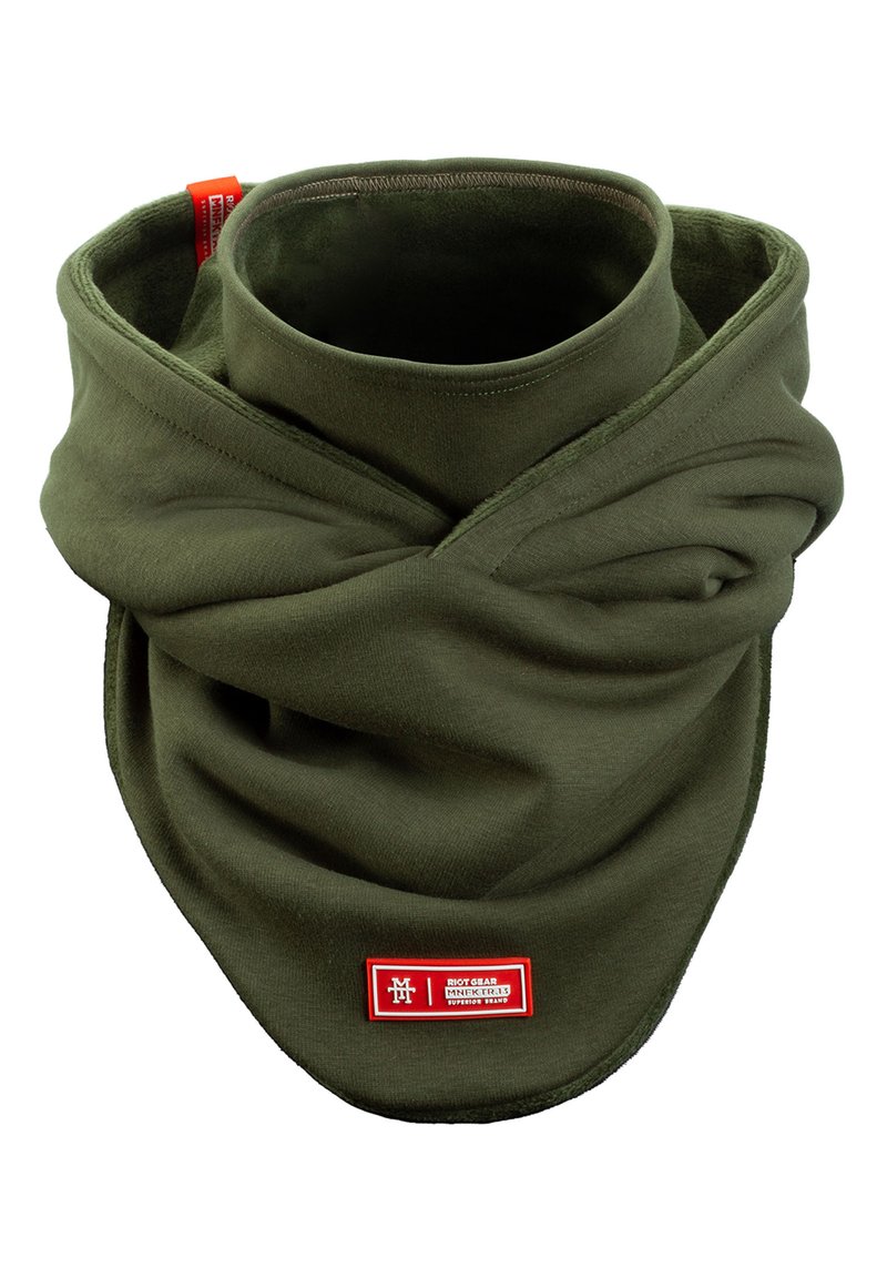Dark olive green neck warmer made of soft fabric, featuring a smooth texture, overlapping design, and a red and white branded label.